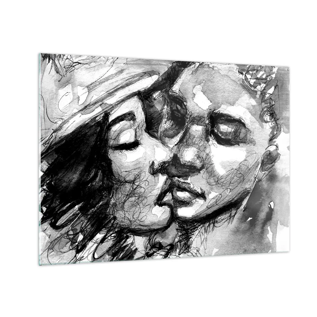 Tablou pe sticlă - Schiță alb-negru a unui sărut tandru - 70x50cm - Un moment de tandrețe - Decorațiune modernă pentru perete pentru living și dormitor ARTTOR
