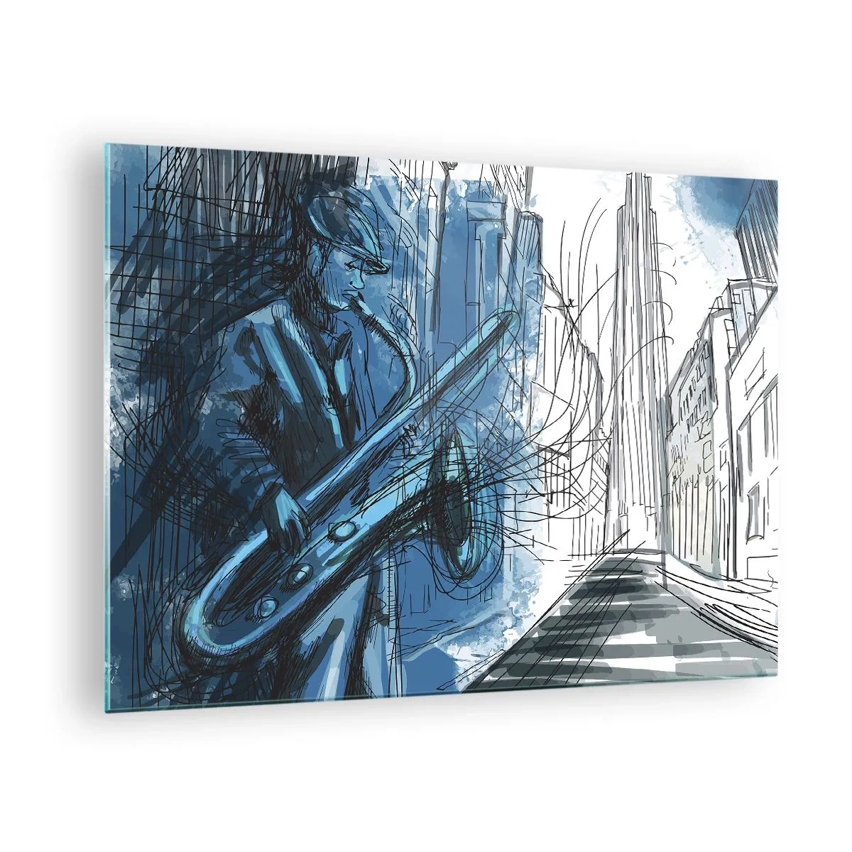 Tablou pe sticlă - Saxofonist de jazz într-un cadru urban în nuanțe de albastru - 70x50cm - Rapsodie urbană - Decorațiune modernă pentru perete pentru living și dormitor ARTTOR