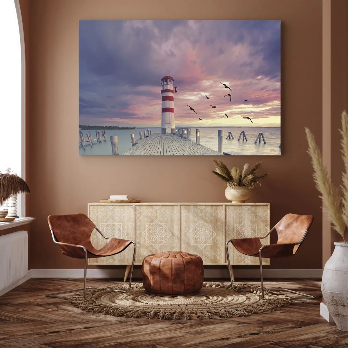 Tablou pe pânză Canvas - Un far pe dig înconjurat de un apus de soare pitoresc - 70x50cm - Să ne întoarcem în port - Decorațiune modernă pentru perete pentru living și dormitor ARTTOR