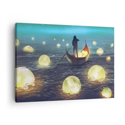 Tablou pe pânză Canvas - O figură într-o barcă înconjurată de sfere luminoase pe apă - 70x50cm - Lucruri la care filozofii nu au visat niciodată - Decorațiune modernă pentru perete pentru living și dormitor ARTTOR