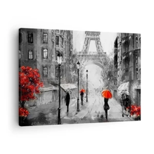 Tablou pe pânză Canvas - O stradă cu vedere la Turnul Eiffel și umbrele roșii - 70x50cm - Toate drumurile duc la el - Decorațiune modernă pentru perete pentru living și dormitor ARTTOR