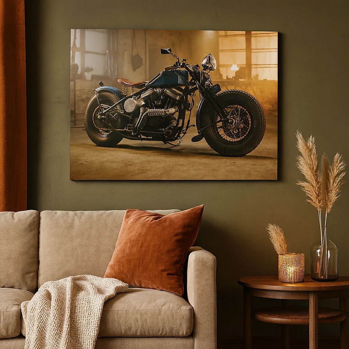 Tablou pe pânză Canvas - O motocicletă elegantă într-un interior industrial cu iluminare caldă - 70x50cm - Pot să fac totul - Decorațiune modernă pentru perete pentru living și dormitor ARTTOR