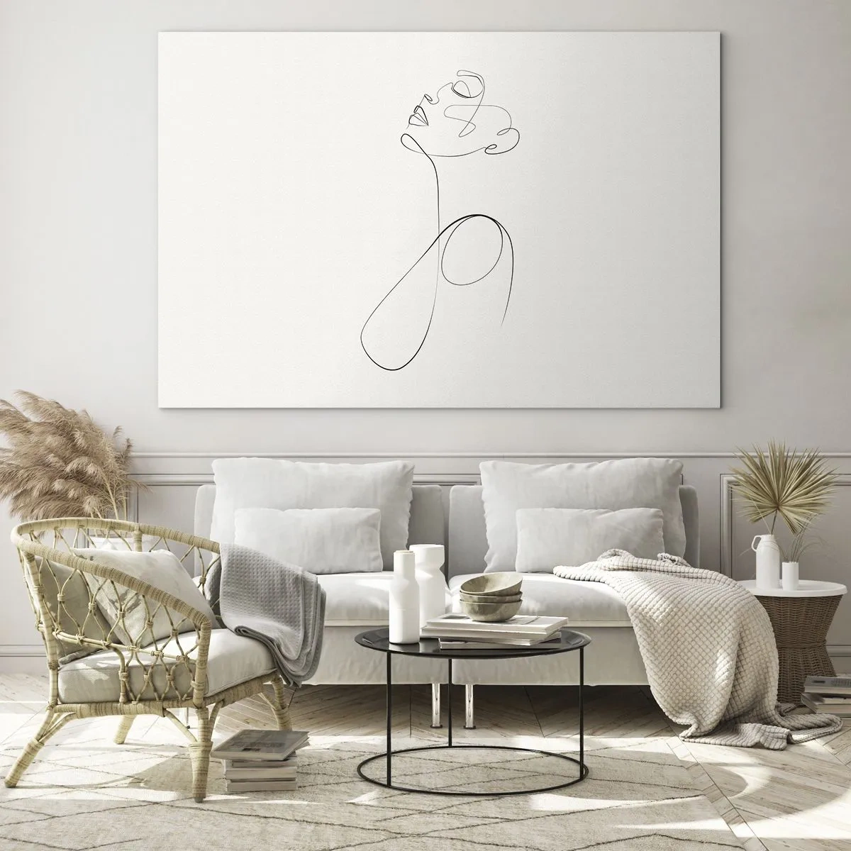 Tablou pe sticlă - Față și siluetă feminină în stil artistic liniar pe fundal alb - 70x50cm - Încâlcită în vise - Decorațiune modernă pentru perete pentru living și dormitor ARTTOR