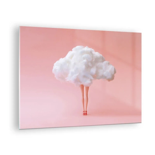 Tablou pe sticlă - Silueta unei femei cu un nor în loc de rochie pe un fundal roz pastel. - 70x50cm - Dulce promisiune - Decorațiune modernă pentru perete pentru living și dormitor ARTTOR
