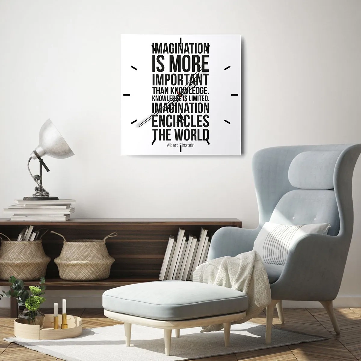 Ceas de perete - Ceas pe sticlă - Einstein despre puterea imaginației - 30x30 cm