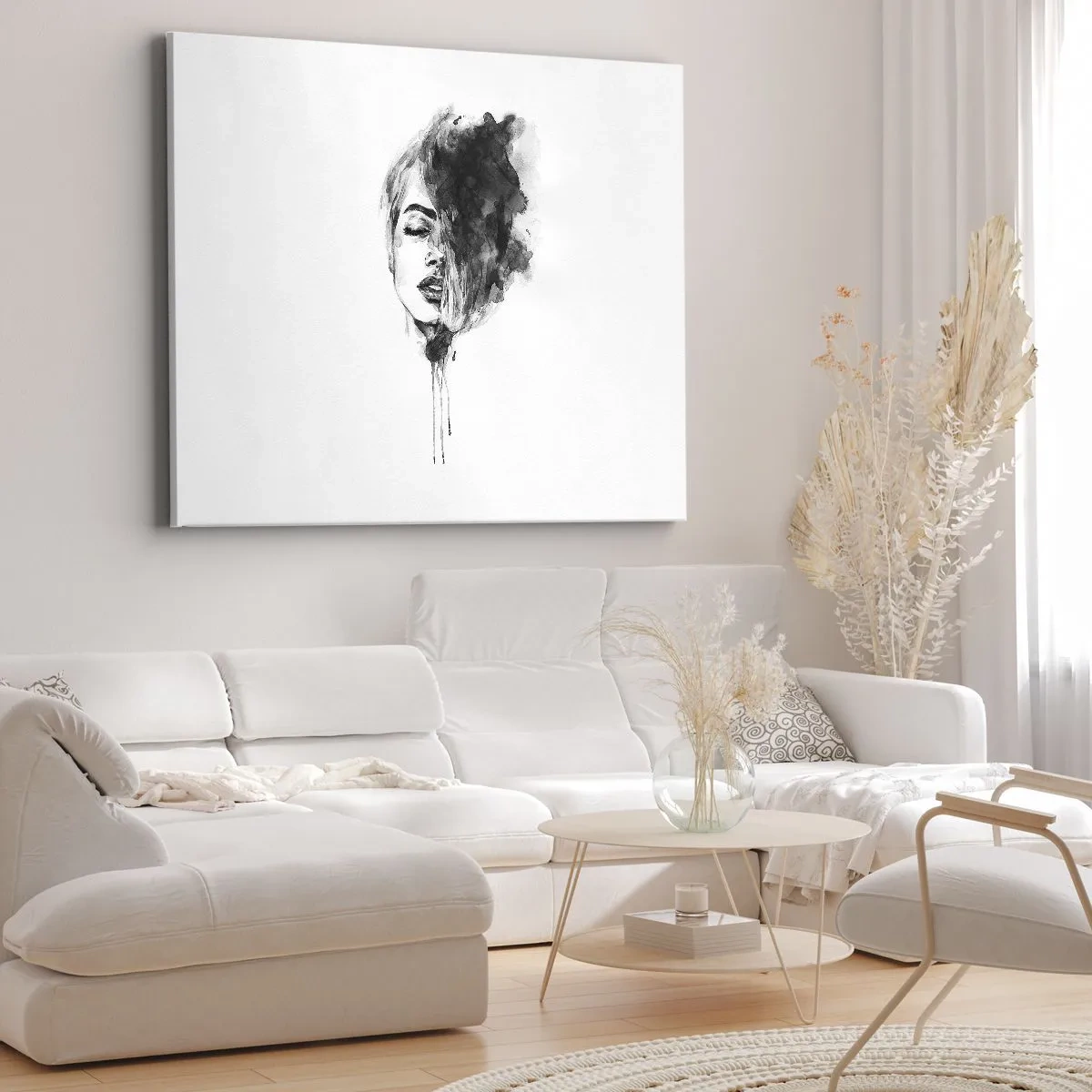Tablou pe pânză Canvas - Portret artistic al unei femei în tehnica acuarelei cu detalii abstracte - 70x50cm - La ce visează frumoasa - Decorațiune modernă pentru perete pentru living și dormitor ARTTOR