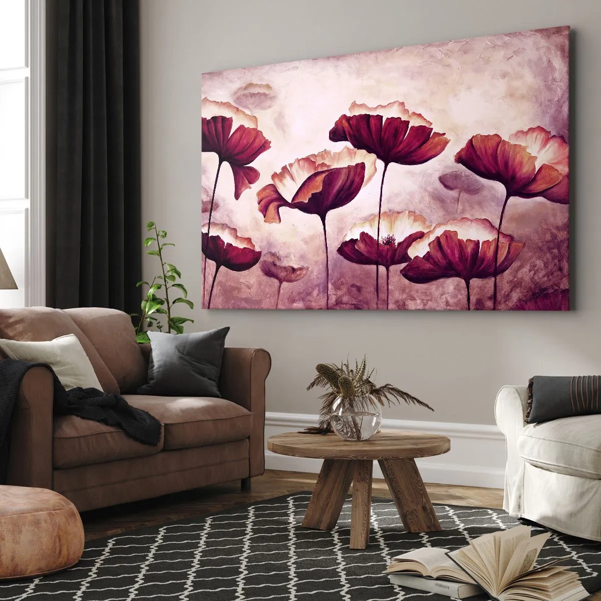 Tablou pe pânză Canvas - Flori în nuanțe de roșu și alb pe un fundal subtil - 70x50cm - Fulgi roșii și albi - Decorațiune modernă pentru perete pentru living și dormitor ARTTOR
