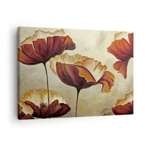 Tablou pe pânză Canvas - Flori subtile în nuanțe de roșu și auriu pe un fundal deschis - 70x50cm - Lunca - Decorațiune modernă pentru perete pentru living și dormitor ARTTOR