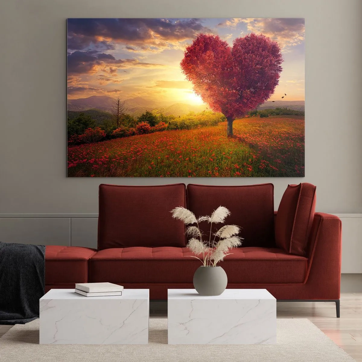 Tablou pe sticlă - Un copac în formă de inimă într-un câmp la apus - 70x50cm - Te apucă inima - Decorațiune modernă pentru perete pentru living și dormitor ARTTOR