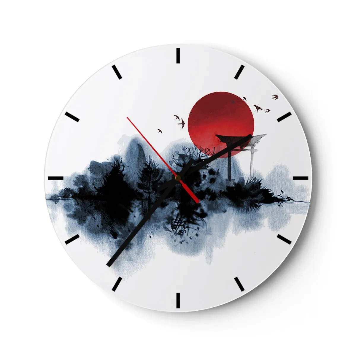 Ceas de perete - Ceas pe sticlă - O sferă solară roșie și o poartă torii în stil japonez deasupra apei - 30x30cm - O vedere japoneză - Decorațiune modernă pentru perete pentru living, bucătărie și dormitor ARTTOR