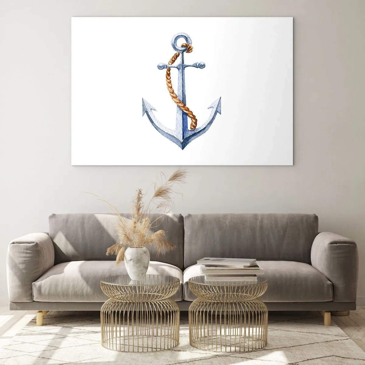 Tablou pe sticlă - Ancoră cu frânghie în stil nautic - 70x50cm - Ahoy aventura! - Decorațiune modernă pentru perete pentru living și dormitor ARTTOR