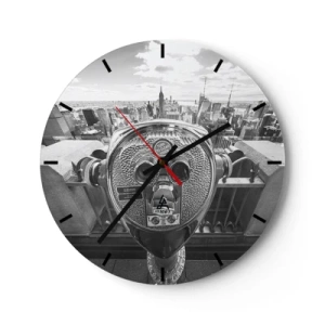 Ceas de perete - Ceas pe sticlă - Binoclu turistic îndreptat spre orizontul New York-ului - 30x30cm - Orașul de deasupra orașelor - Decorațiune modernă pentru perete pentru living, bucătărie și dormitor ARTTOR