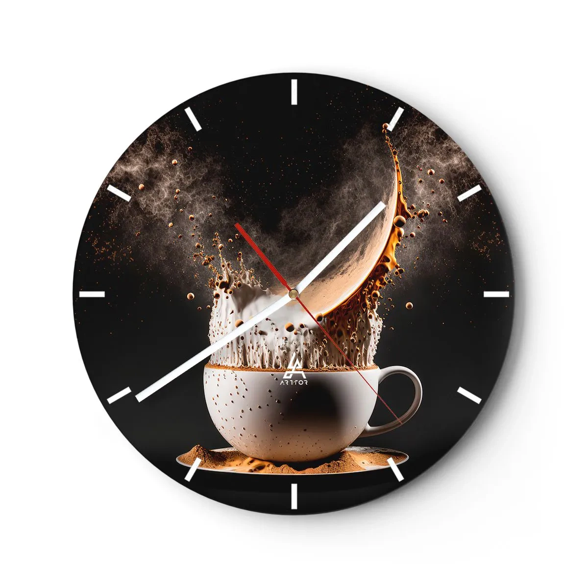 Ceas de perete - Ceas pe sticlă - Cafea explodând dintr-o ceașcă pe un fundal negru - 30x30cm - O explozie de arome - Decorațiune modernă pentru perete pentru living, bucătărie și dormitor ARTTOR