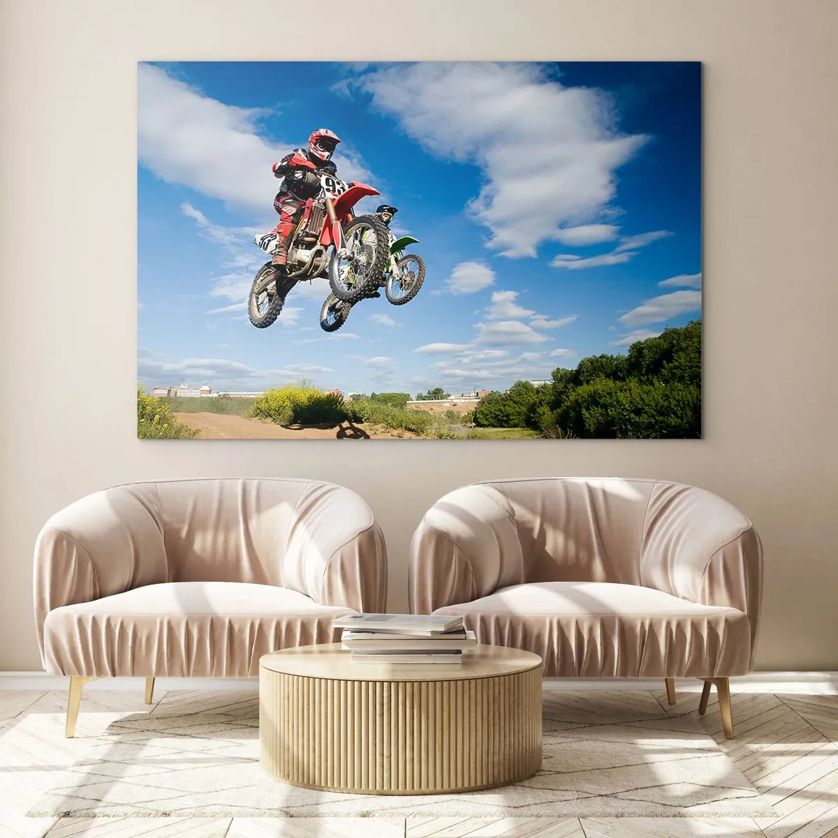 Tablou pe sticlă - Un motociclist în zbor pe un cer albastru - 70x50cm - Salt în cer - Decorațiune modernă pentru perete pentru living și dormitor ARTTOR