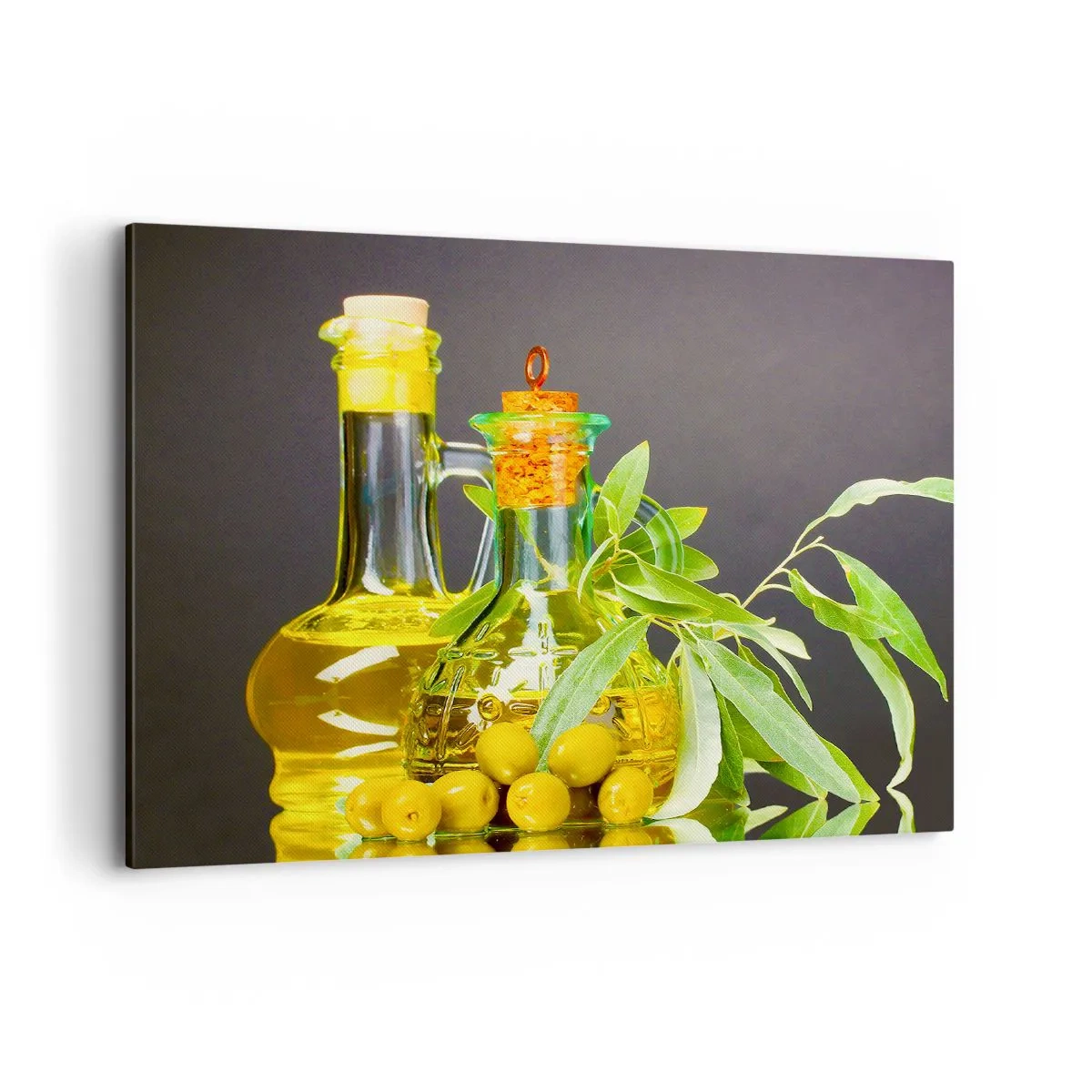 Tablou pe pânză - Natură moarte cu măsline și ulei - 100x70 cm