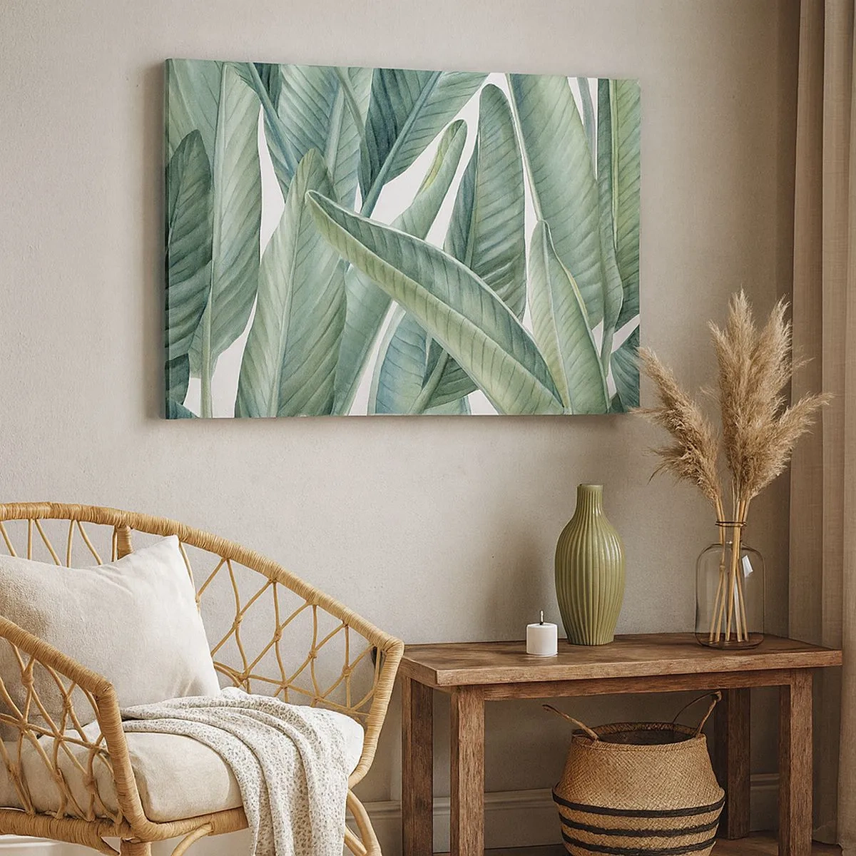 Tablou pe pânză Canvas - Frunze verzi într-un stil botanic minimalist - 70x50cm - Verdeața în sine - Decorațiune modernă pentru perete pentru living și dormitor ARTTOR