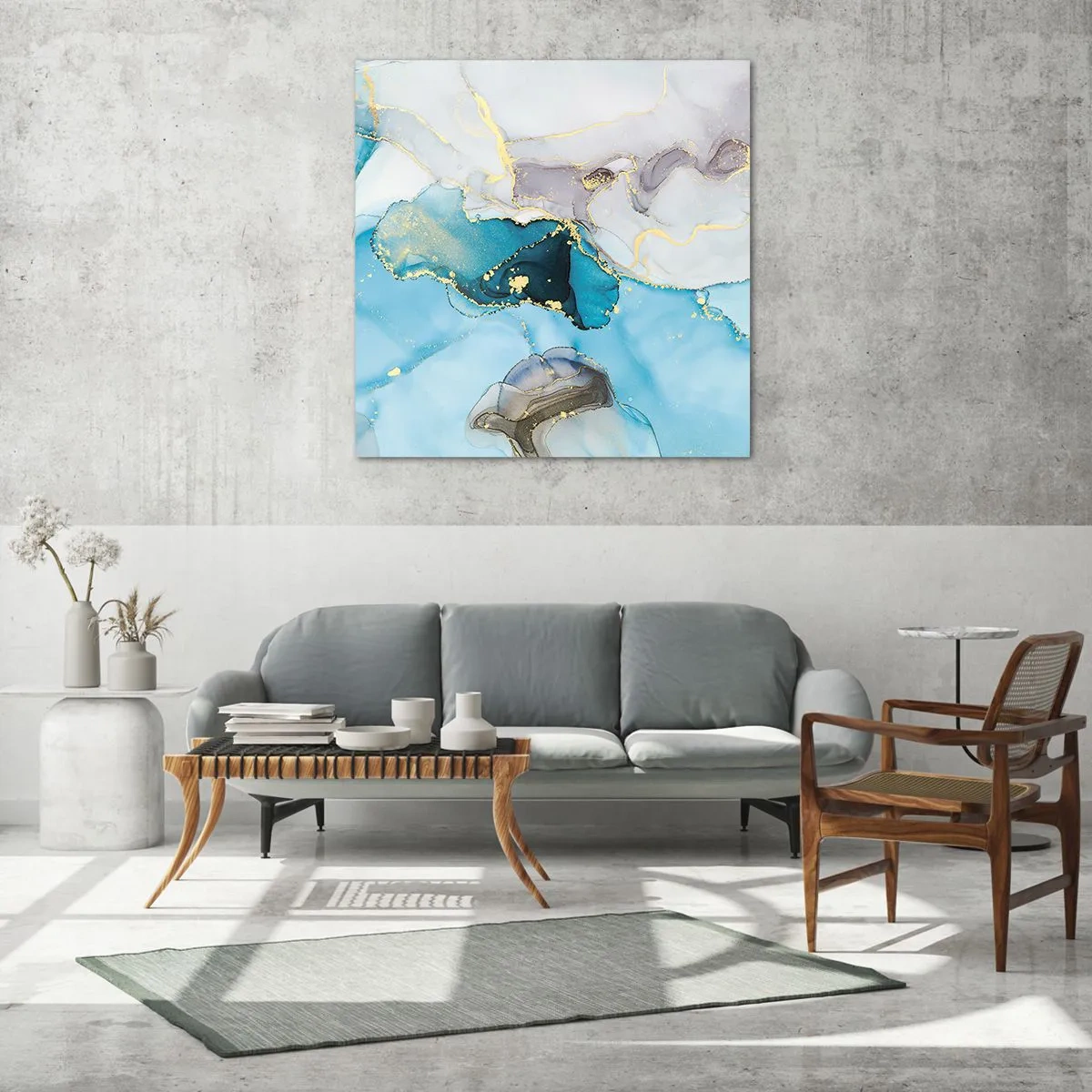 Tablou pe sticlă - Un studiu al întâlnirii dintre gri și turcoaz - 70x70 cm