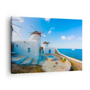 Tablou pe pânză Canvas - Mori de vânt albe pe țărmurile mării albastre - 70x50cm - Vânt albastru dinspre mare - Decorațiune modernă pentru perete pentru living și dormitor ARTTOR