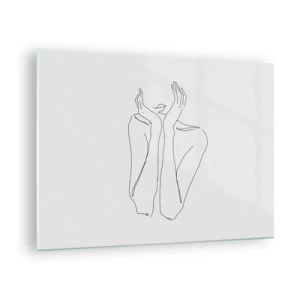 Tablou pe sticlă - Un desen minimalist al mâinilor și feței unei femei - 70x50cm - La ce visează fetele - Decorațiune modernă pentru perete pentru living și dormitor ARTTOR