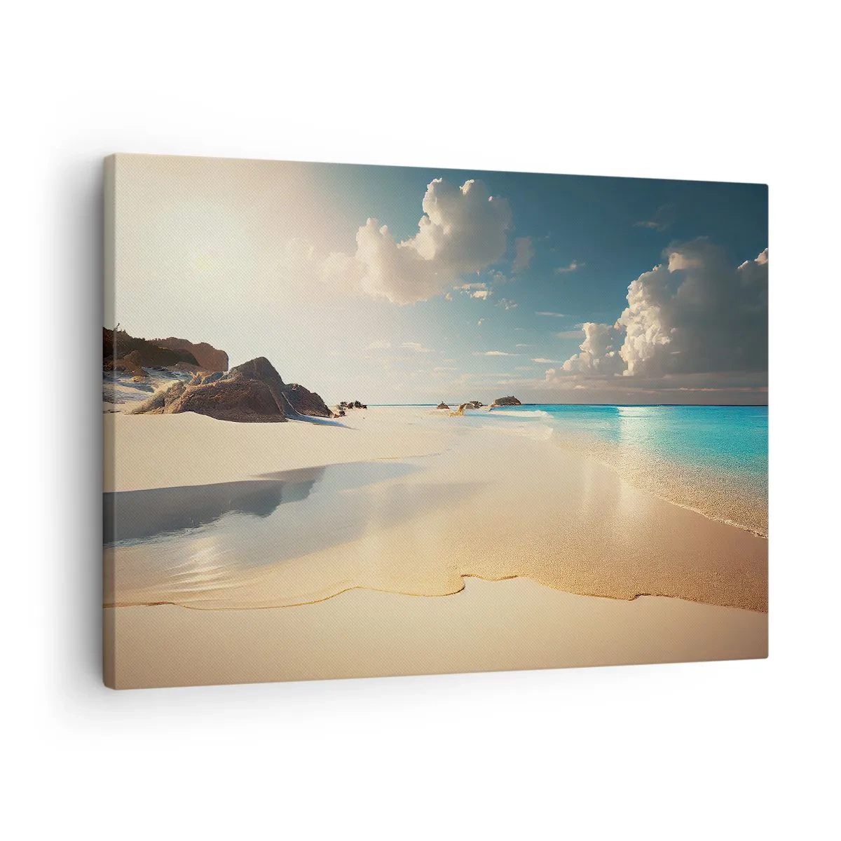 Tablou pe pânză Canvas - O plajă însorită cu mare albastră și stânci - 70x50cm - O zi de vis - Decorațiune modernă pentru perete pentru living și dormitor ARTTOR