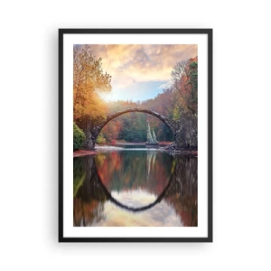 Poster în ramă neagră - Un pod de piatră peste un lac într-un peisaj de toamnă - 50x70cm - De cealaltă parte a oglinzii - Decorațiune modernă pentru perete pentru living și dormitor ARTTOR