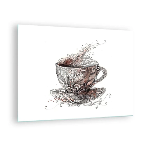 Tablou pe sticlă - Desen artistic al unei cești cu ornamente și abur - 70x50cm - Ceaiul este bun pentru orice - Decorațiune modernă pentru perete pentru living și dormitor ARTTOR