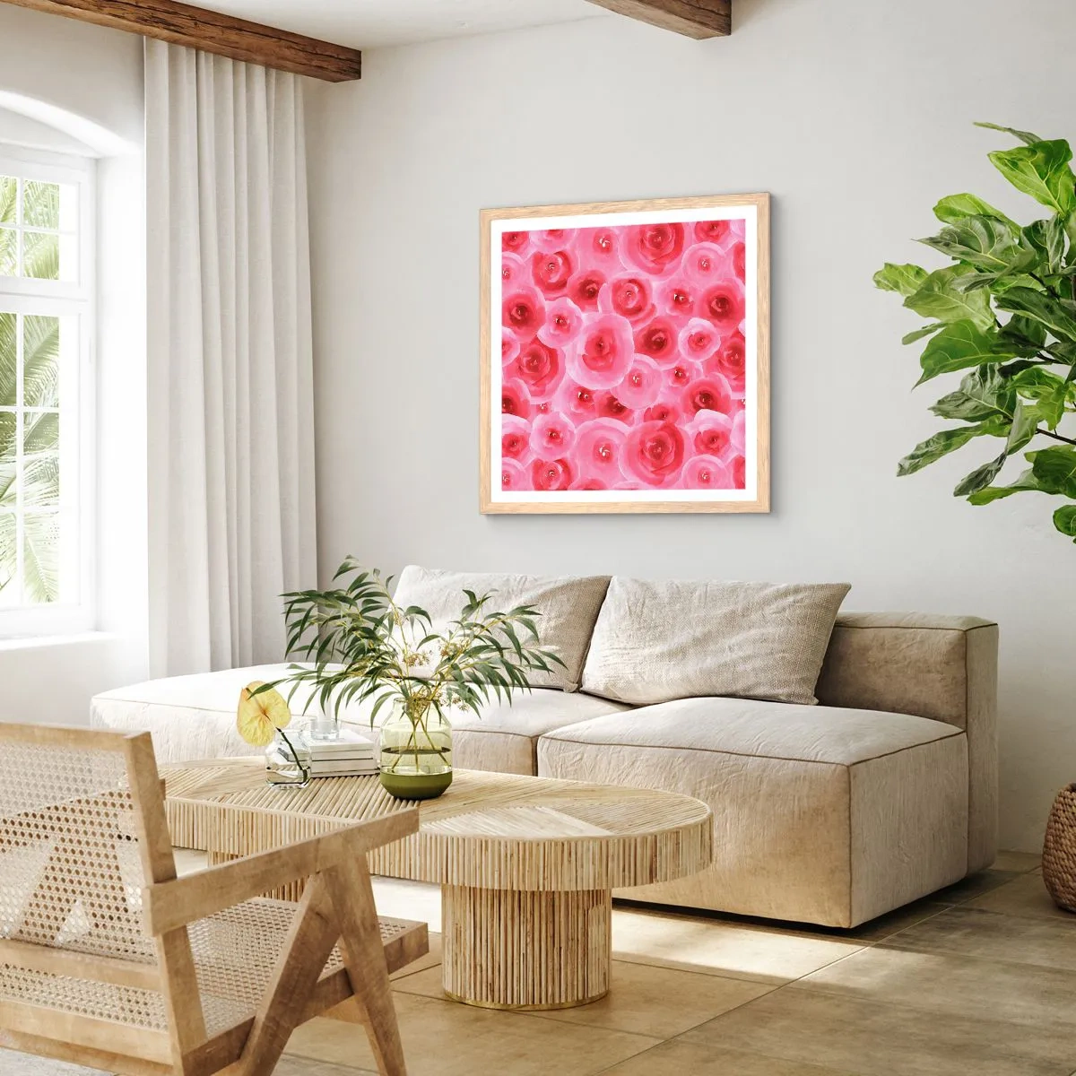 Poster în ramă de stejar deschis - Trandafiri de sus în jos - 30x30 cm