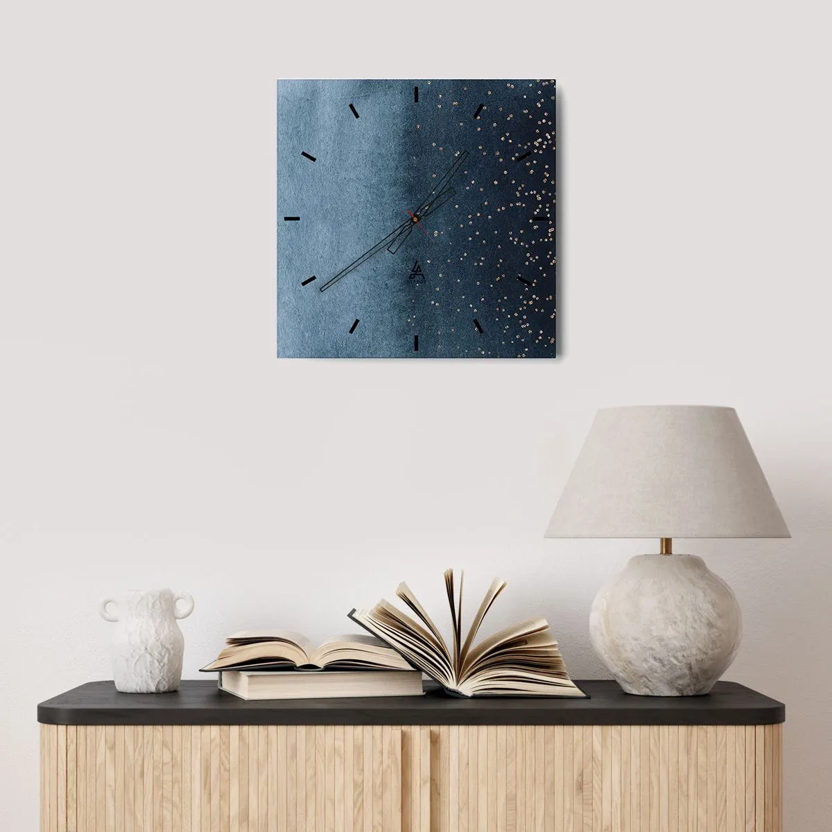 Ceas de perete - Ceas pe sticlă - Compoziție - faze albastre - 40x40 cm