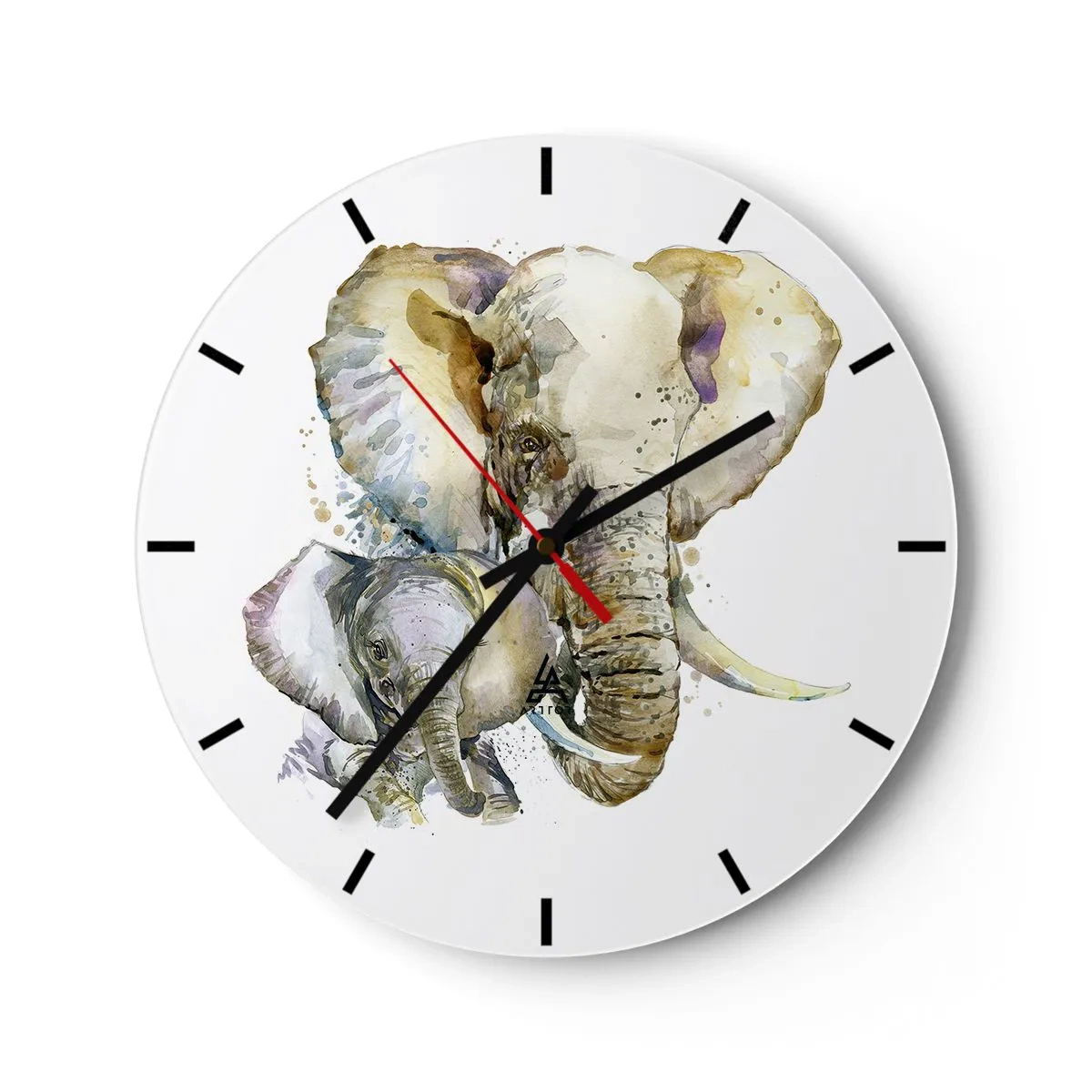Ceas de perete - Ceas pe sticlă - Un elefant cu un pui în stil acuarelă - 30x30cm - Ca la mama - Decorațiune modernă pentru perete pentru living, bucătărie și dormitor ARTTOR