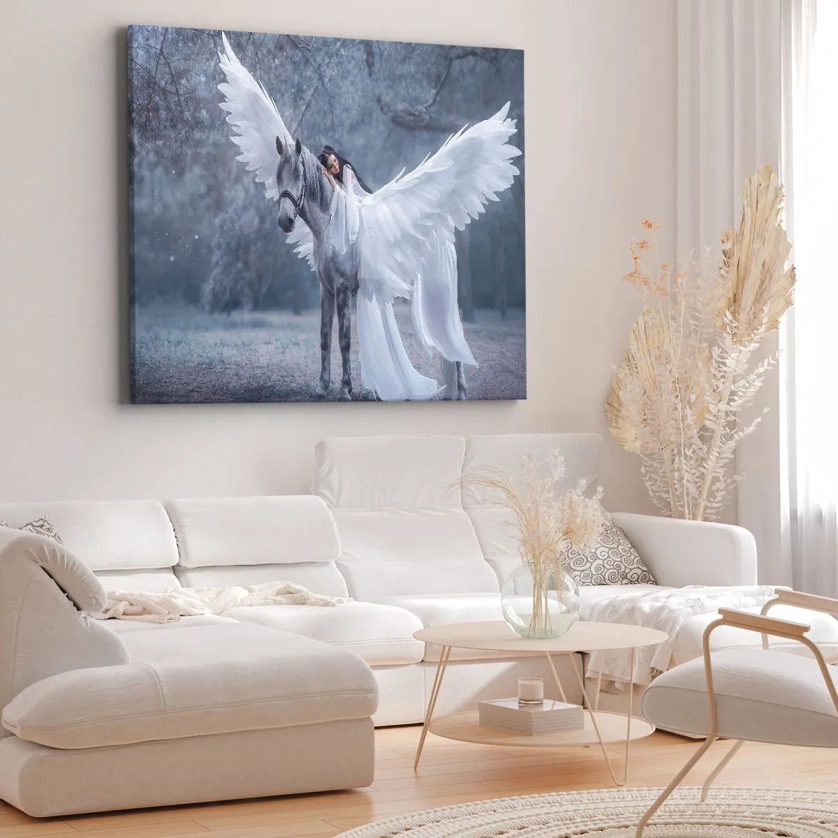 Tablou pe pânză Canvas - O femeie pe un cal alb cu aripi într-o pădure magică - 70x50cm - Moment inspirat - Decorațiune modernă pentru perete pentru living și dormitor ARTTOR