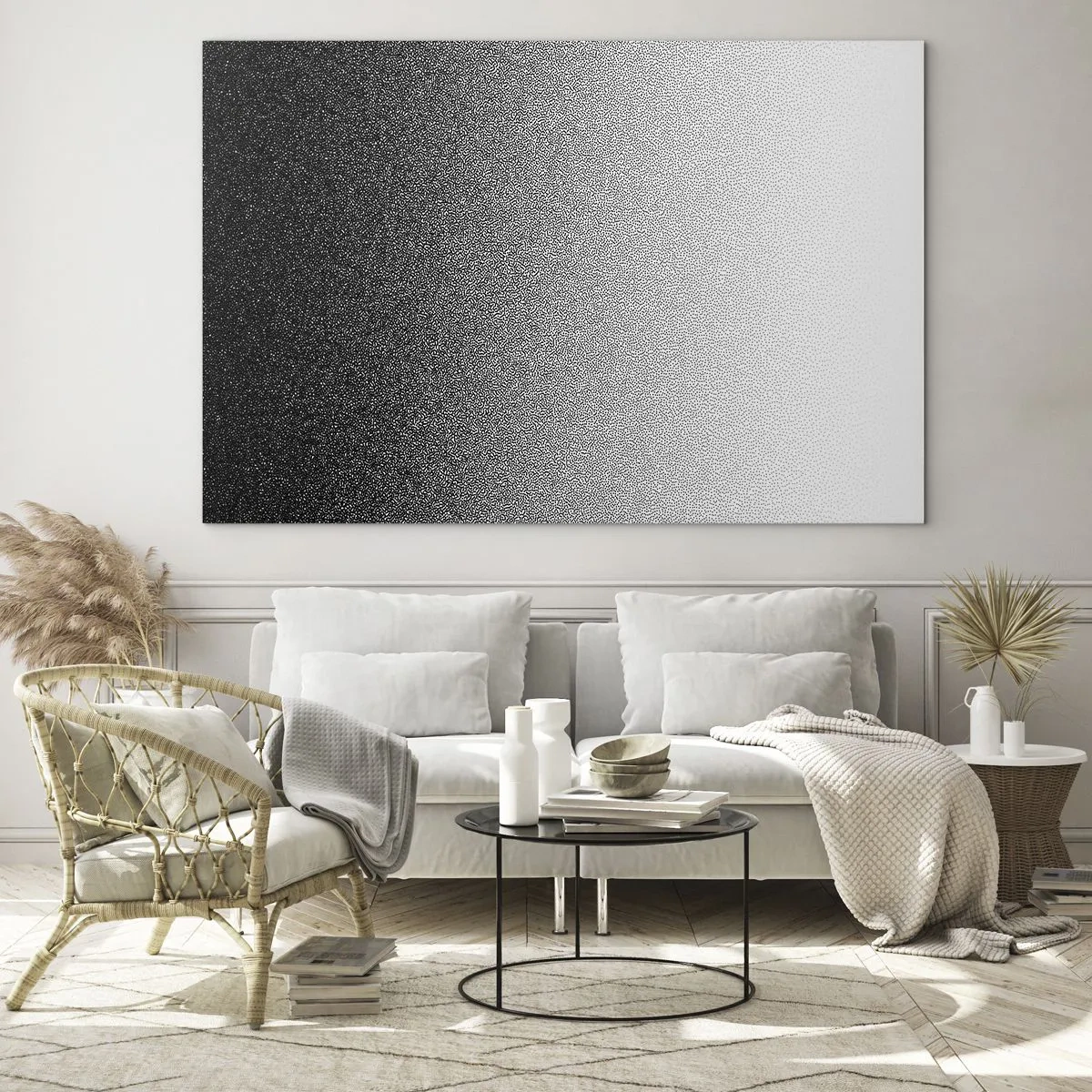 Tablou pe sticlă - Gradient alb-negru cu efecte granulate și luminoase - 70x50cm - Spre lumină - Decorațiune modernă pentru perete pentru living și dormitor ARTTOR
