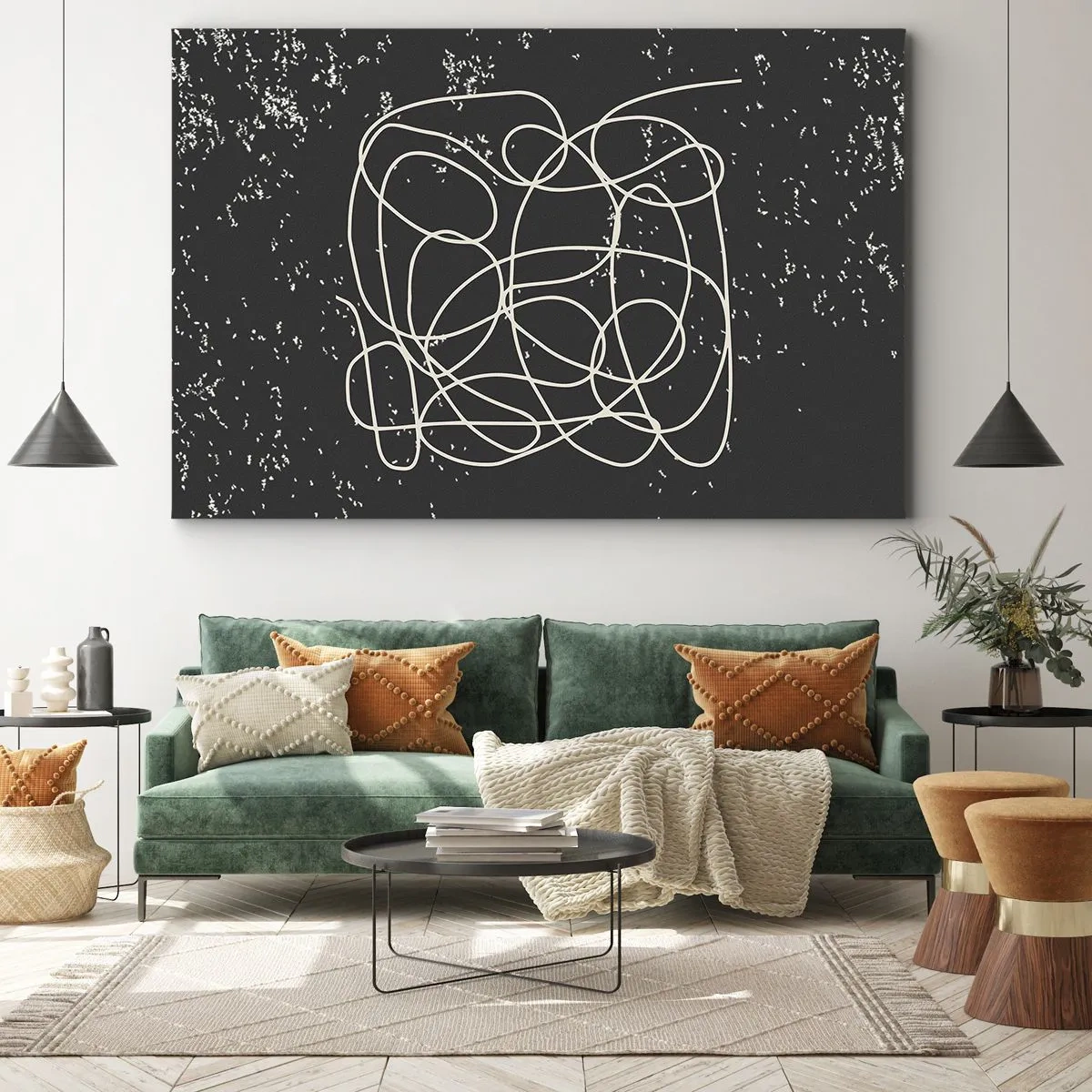 Tablou pe pânză Canvas - Linie abstractă pe fundal negru cu detalii fine - 70x50cm - Gânduri rătăcitoare - Decorațiune modernă pentru perete pentru living și dormitor ARTTOR