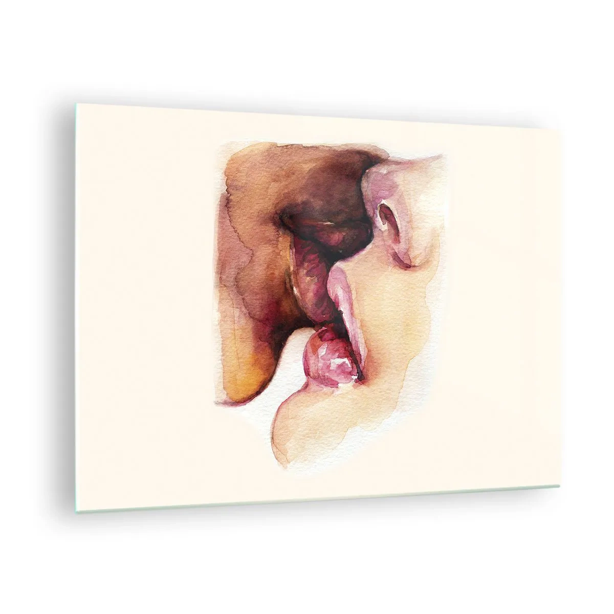 Tablou pe sticlă - Sărut artistic în acuarelă a două fețe pe un fundal deschis - 70x50cm - Ca ziua și noaptea, ca cerul și pământul - Decorațiune modernă pentru perete pentru living și dormitor ARTTOR