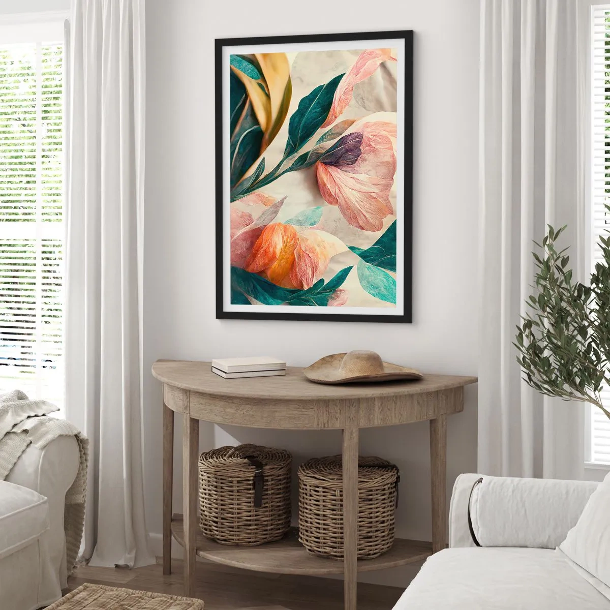 Poster în ramă neagră - Flori și frunze colorate într-o compoziție artistică - 50x70cm - Flori din insulele sudice - Decorațiune modernă pentru perete pentru living și dormitor ARTTOR