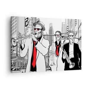 Tablou pe pânză Canvas - Ilustrație a muzicienilor de jazz pe fundal urban - 70x50cm - Rapsodie urbană în negru și roșu - Decorațiune modernă pentru perete pentru living și dormitor ARTTOR