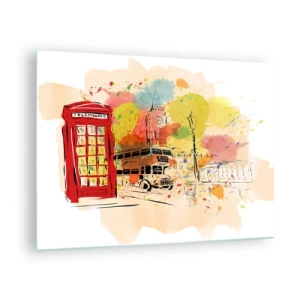 Tablou pe sticlă - O cabină telefonică roșie, un autobuz cu etaj și Big Ben - 70x50cm - Orașul varietăților - Decorațiune modernă pentru perete pentru living și dormitor ARTTOR
