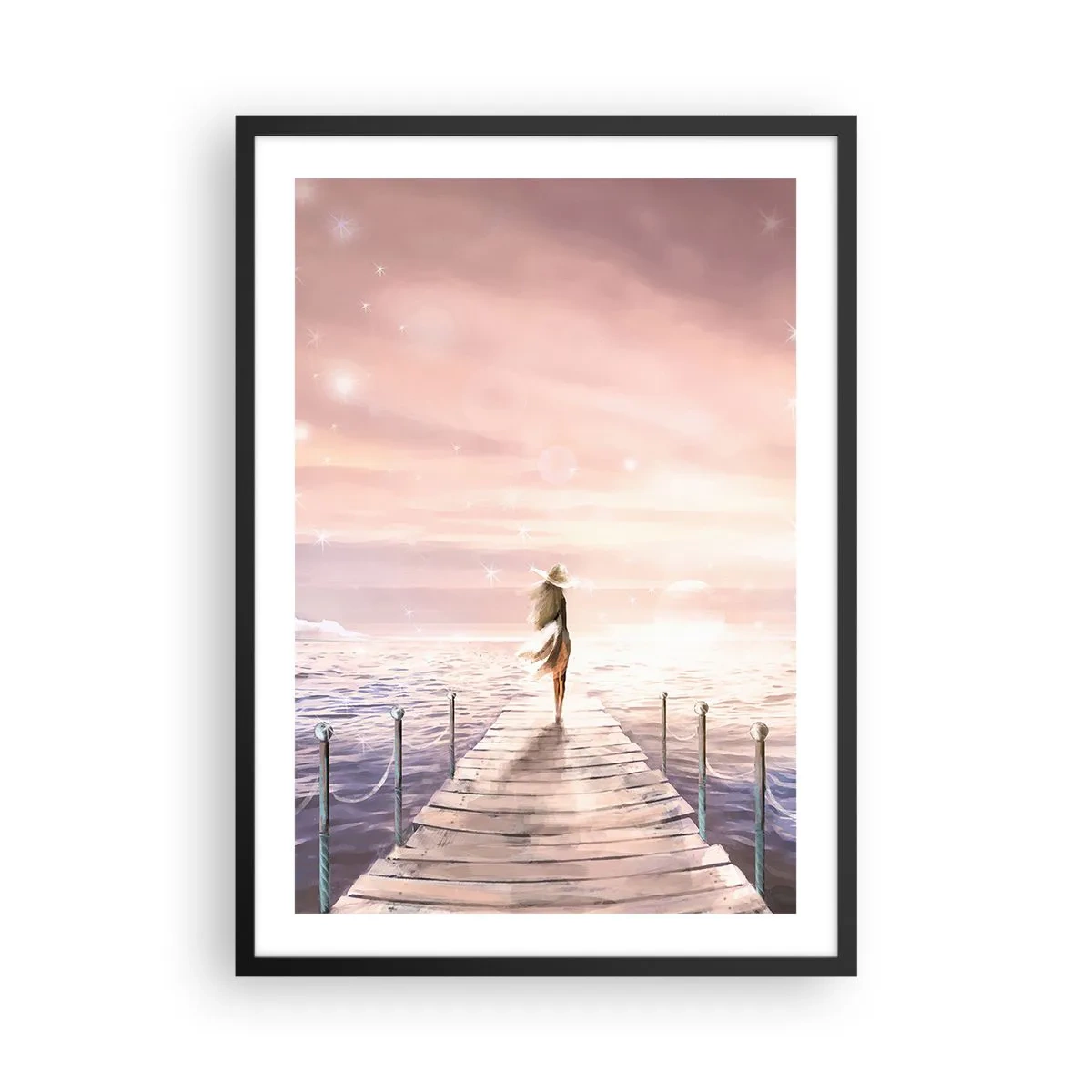 Poster în ramă neagră - Dig romantic la apus cu o femeie cu pălărie - 50x70cm - În lumina unui vis - Decorațiune modernă pentru perete pentru living și dormitor ARTTOR