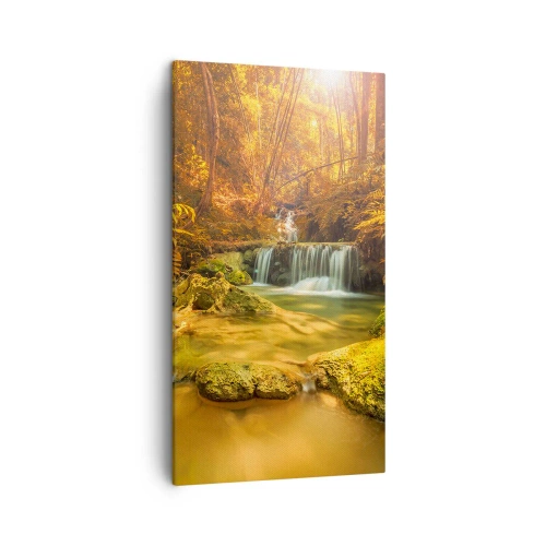 Tablou pe pânză - Cascadă de pădure în aur - 45x80 cm