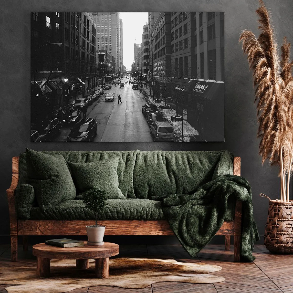 Tablou pe pânză Canvas - O stradă alb-neagră în mijlocul orașului, cu mașini și pietoni - 70x50cm - O altă zi ca în fiecare zi - Decorațiune modernă pentru perete pentru living și dormitor ARTTOR