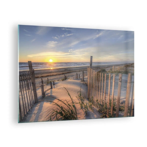 Tablou pe sticlă - Plajă cu dune la apus - 70x50cm - Strălucirea și umbra vântului - Decorațiune modernă pentru perete pentru living și dormitor ARTTOR