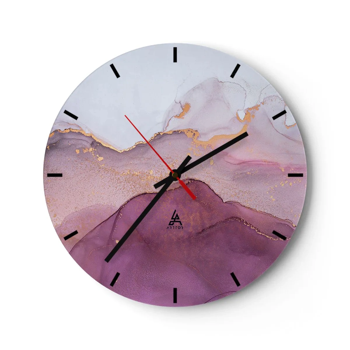 Ceas de perete - Ceas pe sticlă - Valuri abstracte în nuanțe de liliac, violet și auriu - 30x30cm - Valuri de liliac și violet - Decorațiune modernă pentru perete pentru living, bucătărie și dormitor ARTTOR