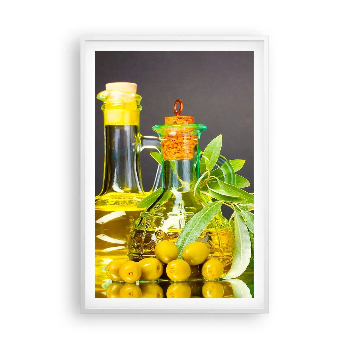 Poster în ramă albă - Natură moarte cu măsline și ulei - 61x91 cm