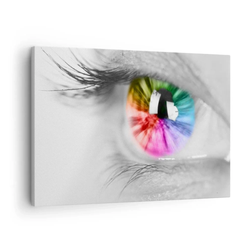 Tablou pe pânză Canvas - Fotografie artistică a unui ochi cu iris curcubeu pe un fundal gri - 70x50cm - Priviți lumea în culori - Decorațiune modernă pentru perete pentru living și dormitor ARTTOR