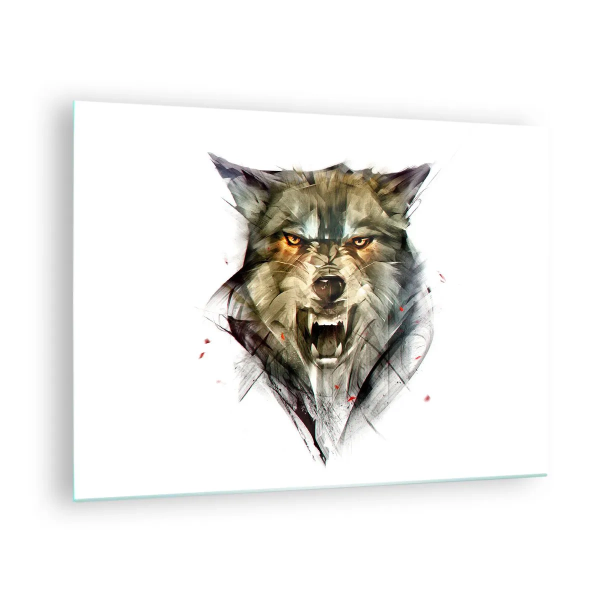 Tablou pe sticlă - O imagine a unui lup amenințător cu gura deschisă și o privire intensă - 70x50cm - Nici un pas! - Decorațiune modernă pentru perete pentru living și dormitor ARTTOR