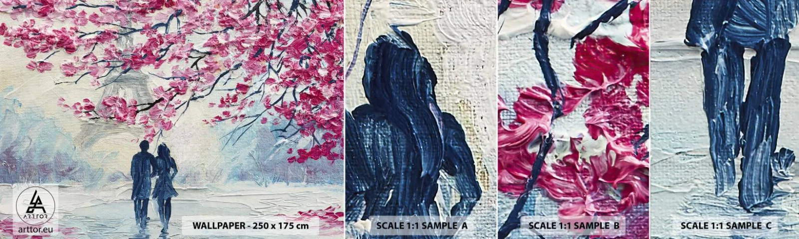 Mostră de Tapet Standard Eco - Plimbare romantică - Paris, turnul Eiffel, Cuplu îndrăgostit - 100x30 cm