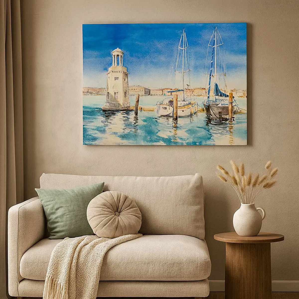 Tablou pe pânză Canvas - Marina cu bărci pe fundalul unei lagune albastre - 70x50cm - Laguna însorită - Decorațiune modernă pentru perete pentru living și dormitor ARTTOR