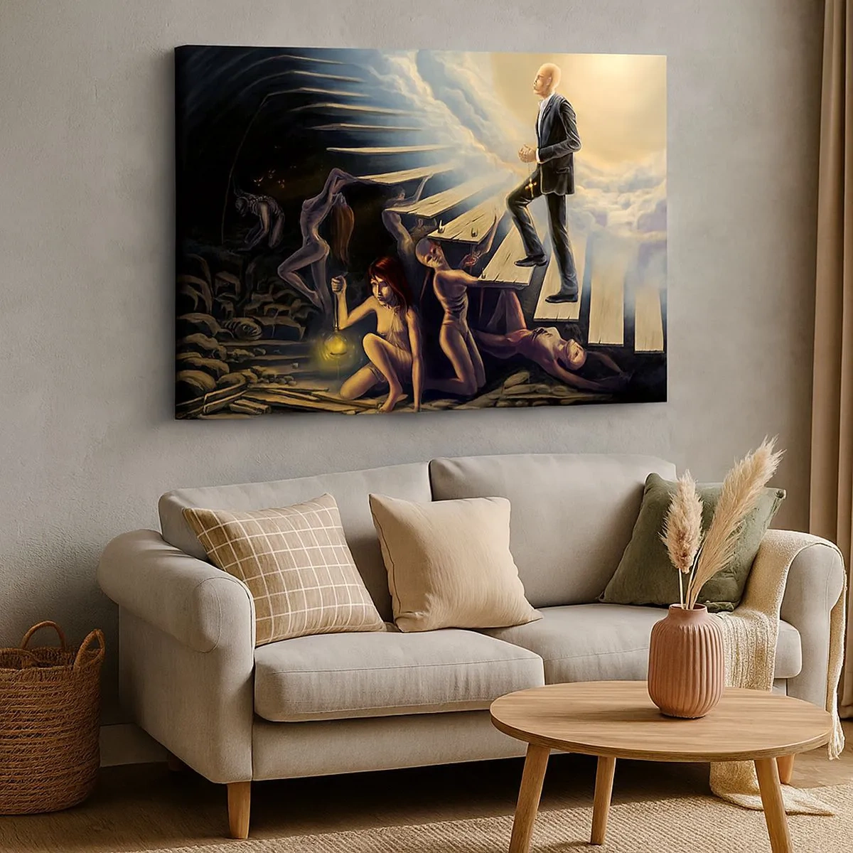 Tablou pe pânză Canvas - O scenă simbolică a drumului spre lumină printr-o scară dărăpănată - 70x50cm - O călătorie dantescă spre lumină - Decorațiune modernă pentru perete pentru living și dormitor ARTTOR