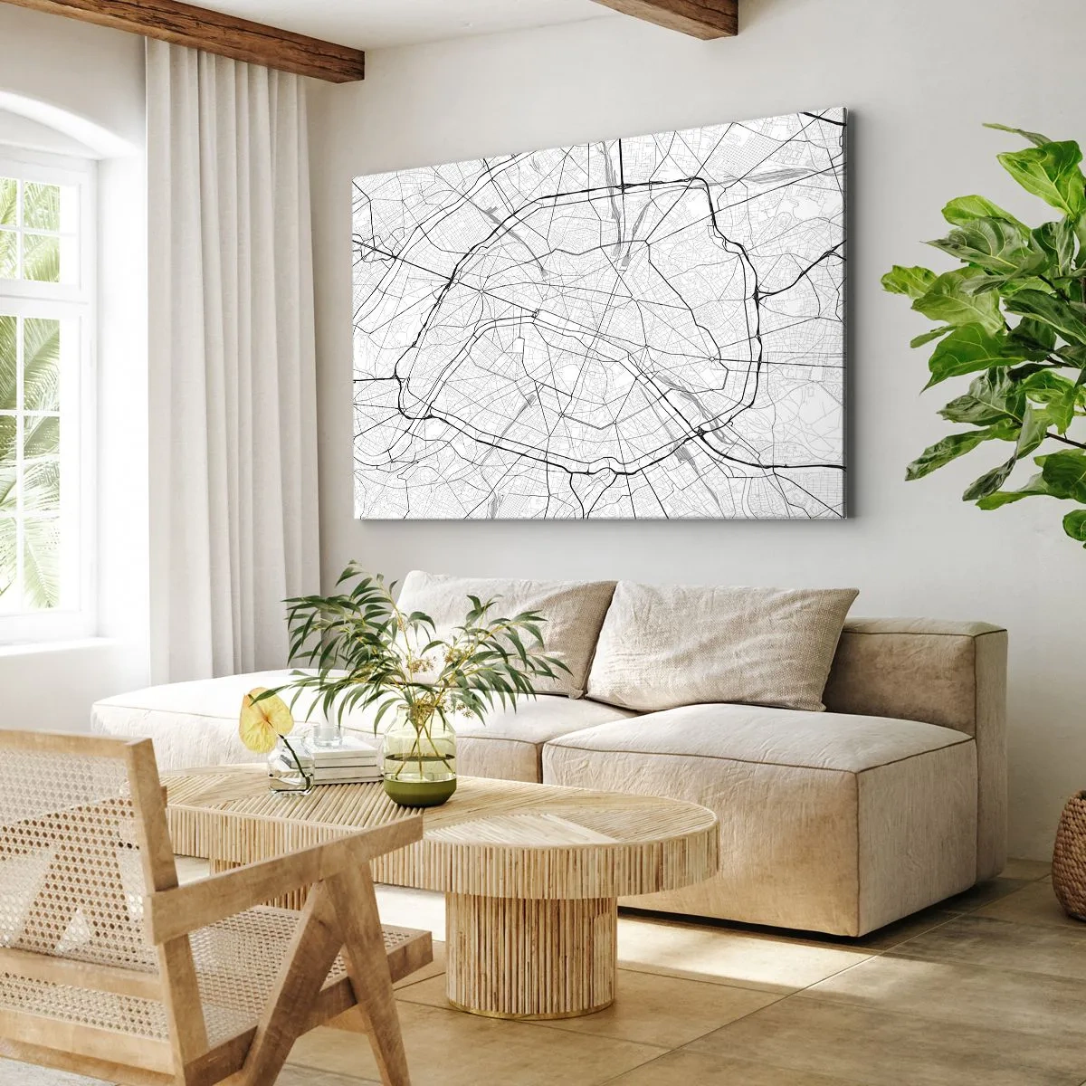 Tablou pe pânză Canvas - Hartă minimalistă a orașului în alb și negru - 70x50cm - Floarea Parisului - Decorațiune modernă pentru perete pentru living și dormitor ARTTOR