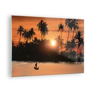 Tablou pe sticlă - Peisaj tropical cu palmieri și apus de soare peste râu - 70x50cm - Timp de relaxare - Decorațiune modernă pentru perete pentru living și dormitor ARTTOR