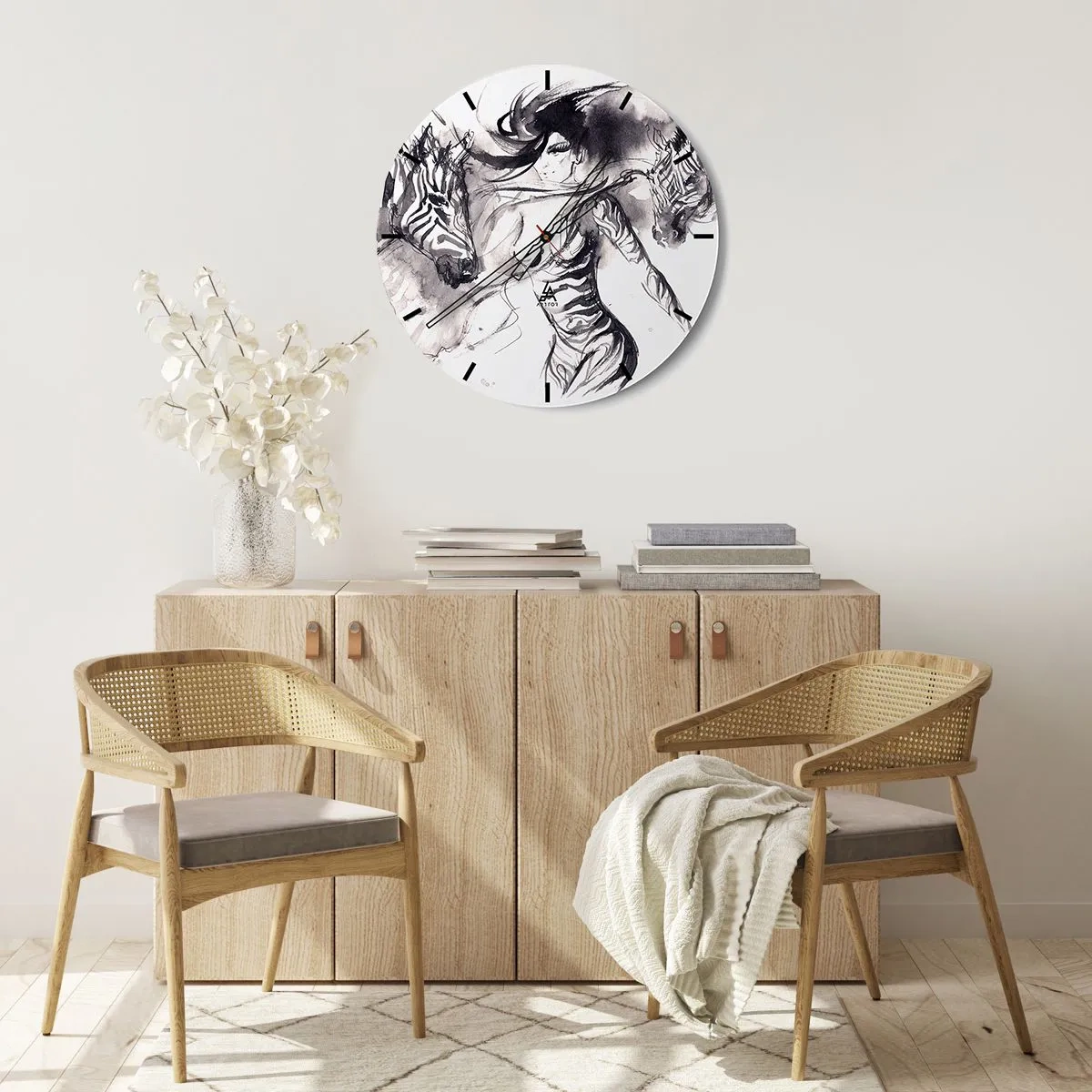 Ceas de perete - Ceas pe sticlă - O femeie într-o formă artistică dansând cu două persoane adunate - 30x30cm - Dansând cu zebrele - Decorațiune modernă pentru perete pentru living, bucătărie și dormitor ARTTOR